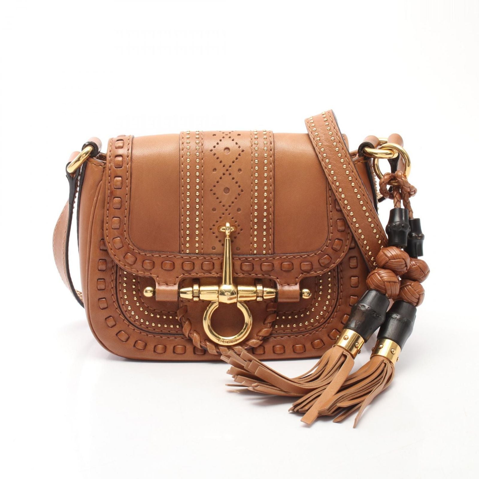 Gucci Shoulder Bag Bamboo Snuffle Bit Tassel Brown Leather