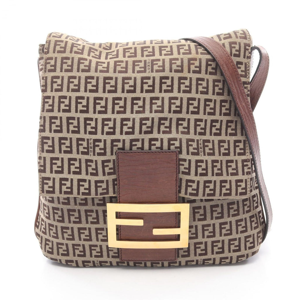 Fendi Shoulder Bag Zucchino Beige Brown Canvas Leather