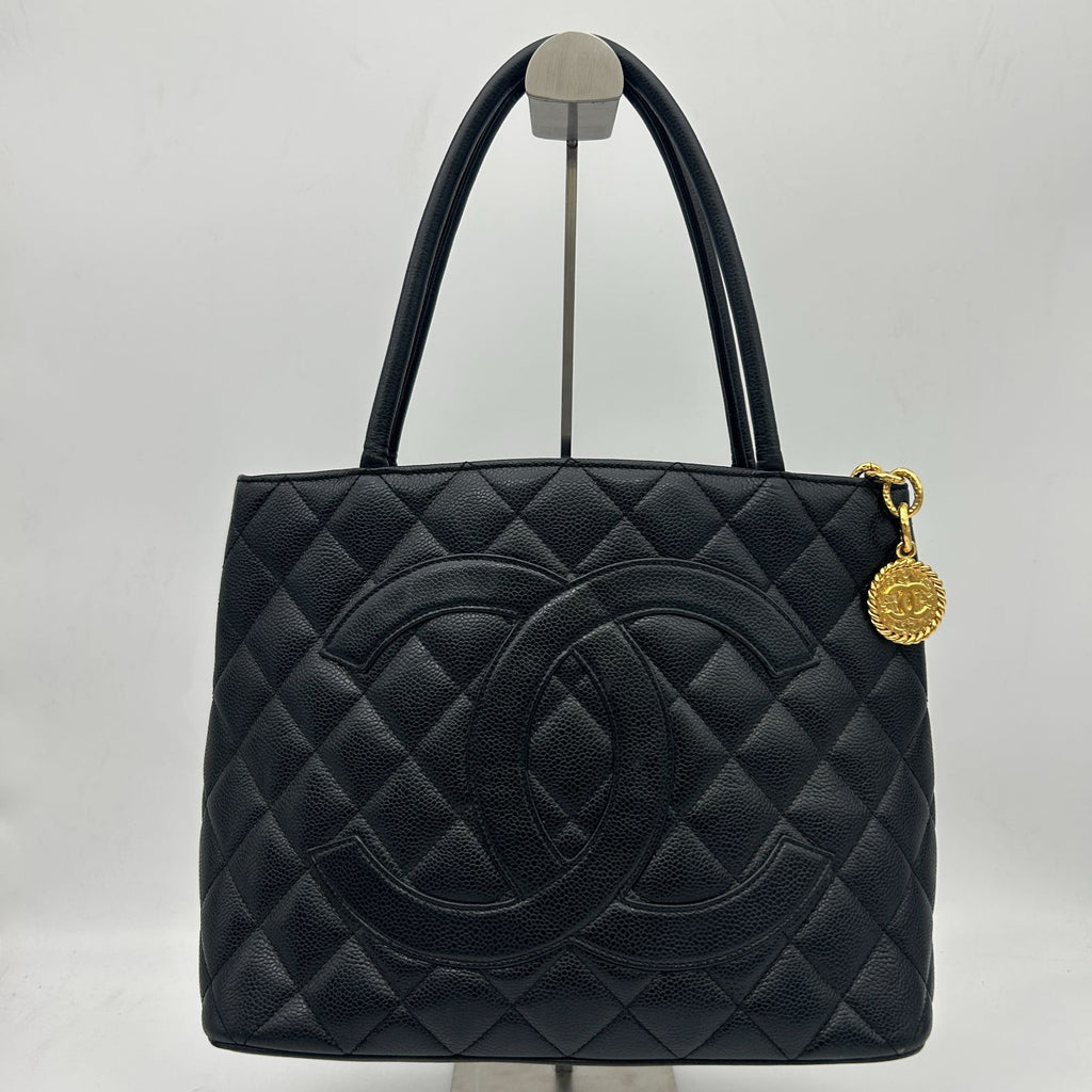 Chanel Quilted Caviar Leather Reissue Tote Shoulder Bag CC Logo Black Gold