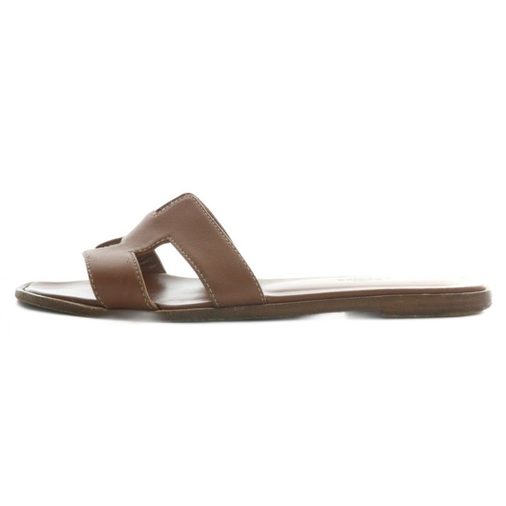 Hermes Oran Sandals Leather Open Toe Flat 38 Brown — view 2