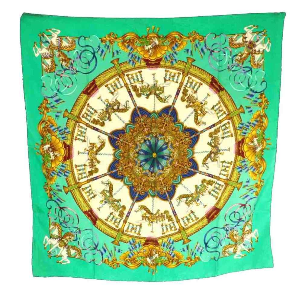 Hermes Carre 90 Luna Park Amusement Scarf Silk All Over Pattern Green