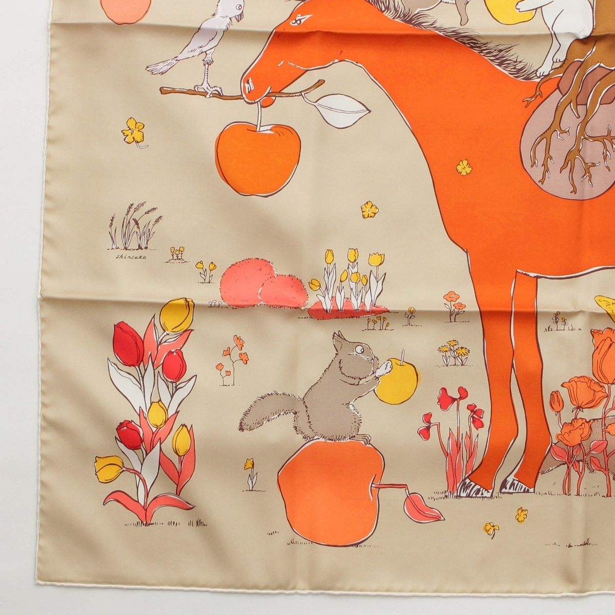 Hermes Carre 90 le Pommier Sellier le Series Silk Scarf Horse Apple Animal Beige — view 4