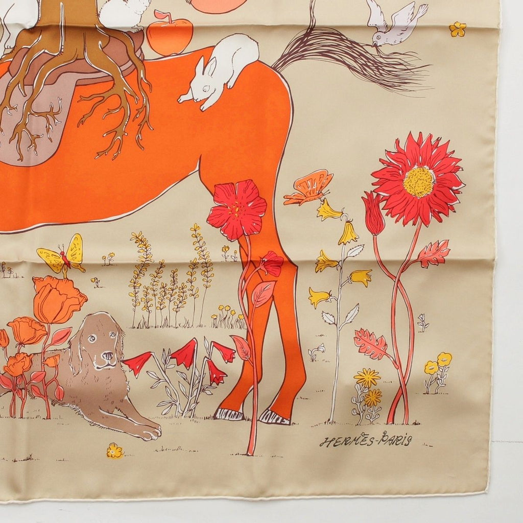 Hermes Carre 90 le Pommier Sellier le Series Silk Scarf Horse Apple Animal Beige — view 5