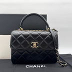 Chanel Shoulder Bag Top Handle Quilted CC Logo Turnlock Gold Chain Leather Black
