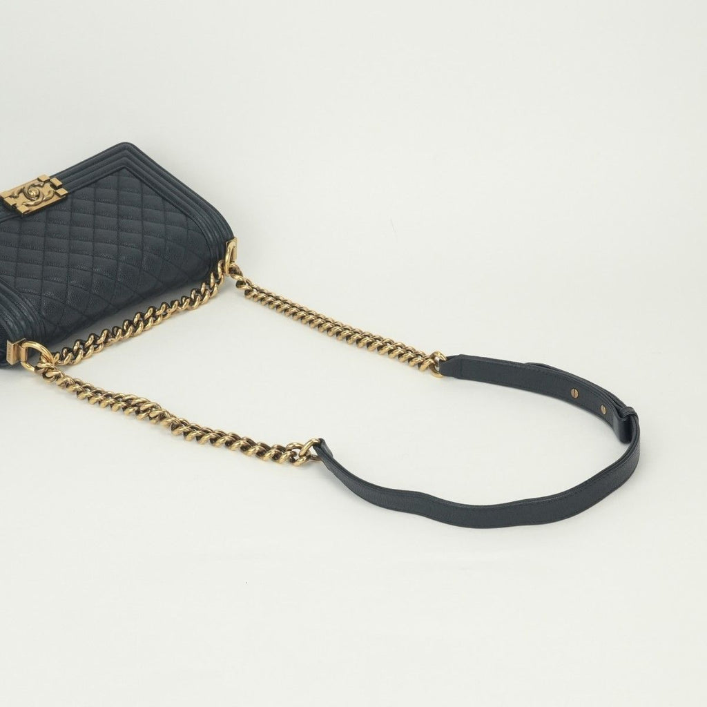 Chanel Boy 25 Shoulder Bag Caviar Leather Navy Gold Chain Double — view 4