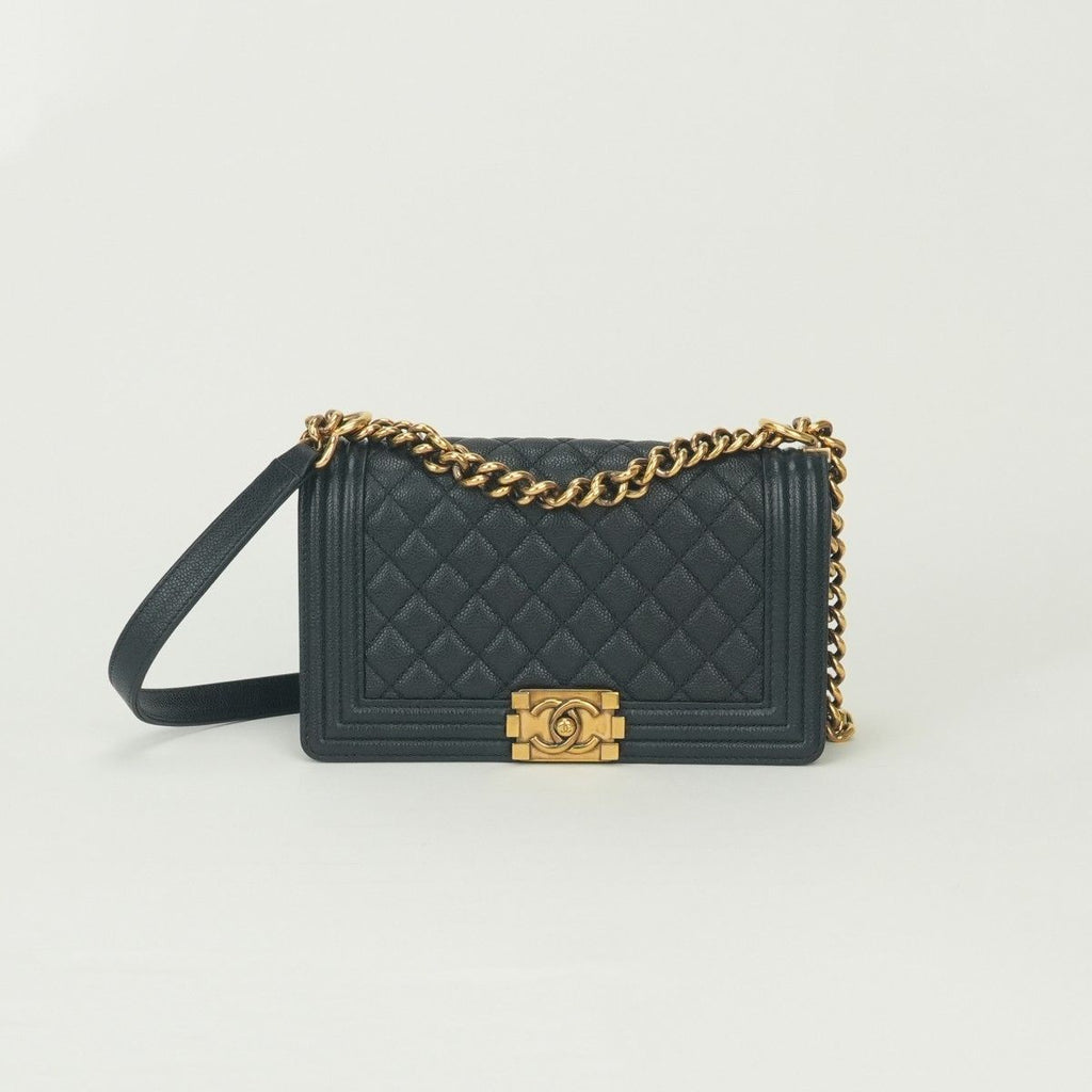 Chanel Boy 25 Shoulder Bag Caviar Leather Navy Gold Chain Double