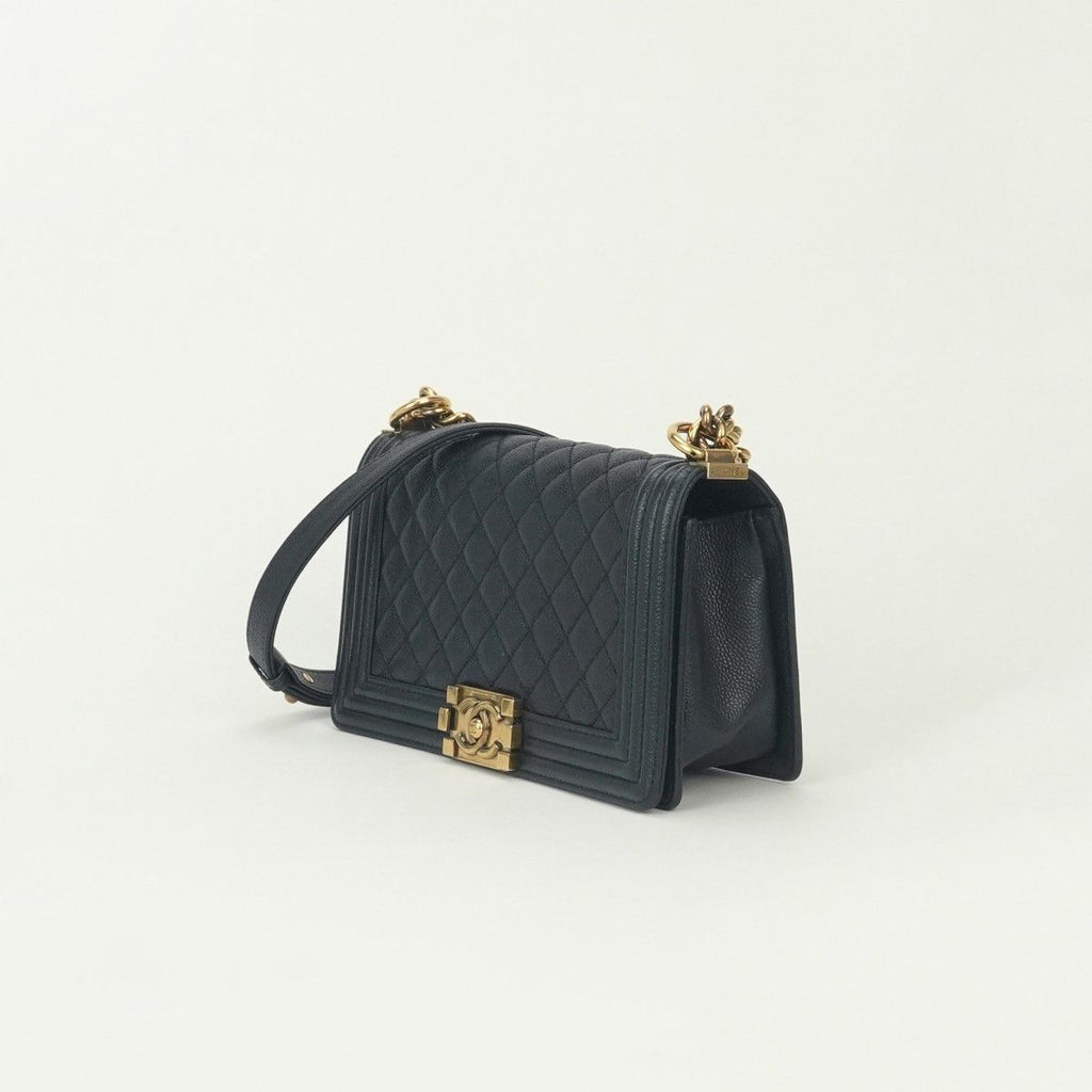 Chanel Boy 25 Shoulder Bag Caviar Leather Navy Gold Chain Double — view 2