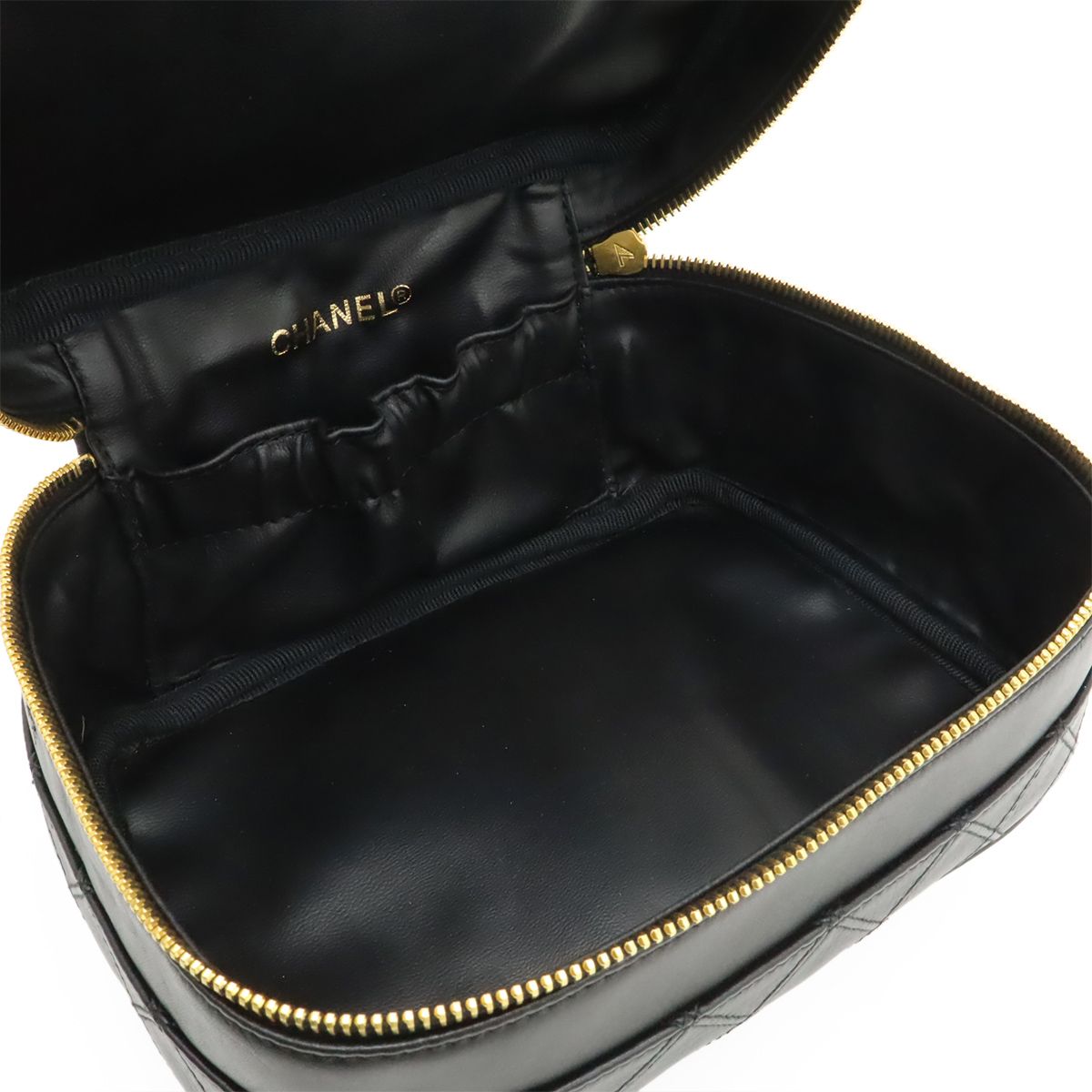 Chanel Bicolor Vanity Makeup Pouch Cosmetic Handbag Leather Black Gold — view 6