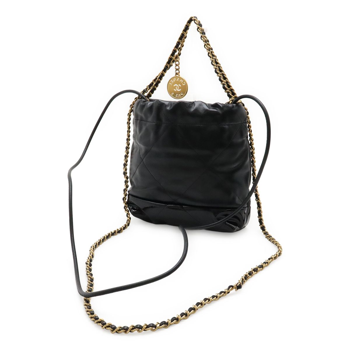 Chanel 22 Shoulder Bag Chain Drawstring Patent Leather Black Gold — view 2