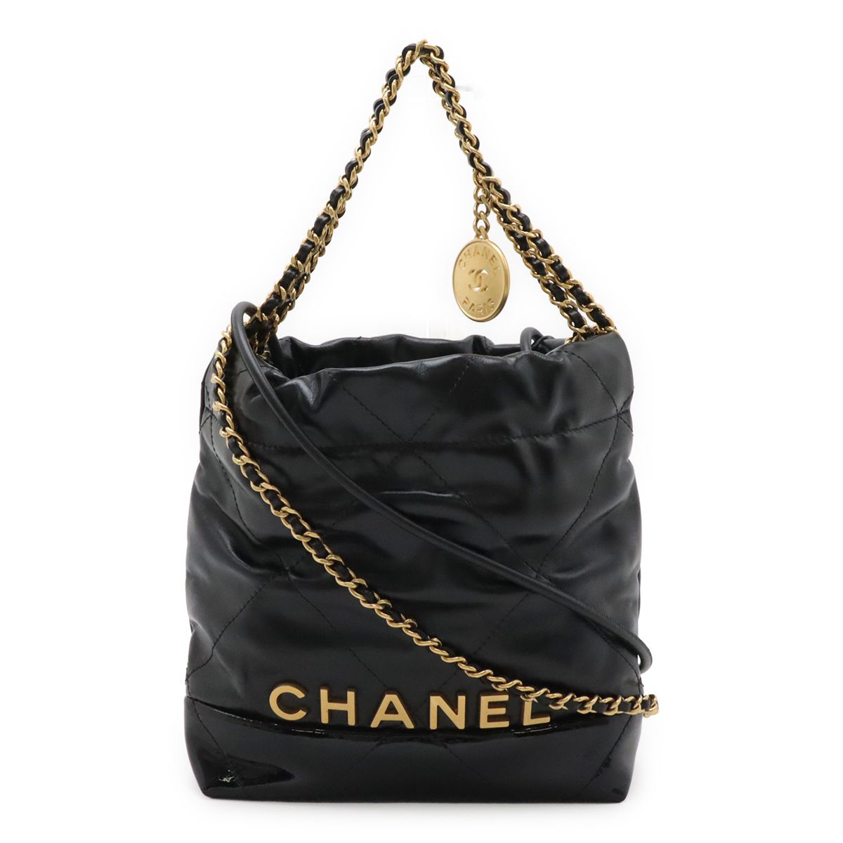 Chanel 22 Shoulder Bag Chain Drawstring Patent Leather Black Gold
