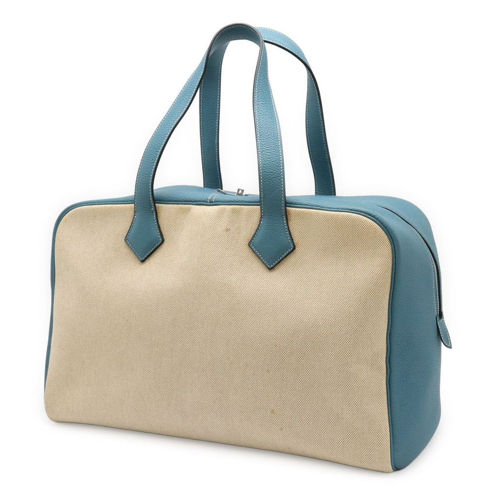 Hermes Victoria 43 Boston Bag Travel Purse Toile Ash Taurillon Clemence Blue — view 2