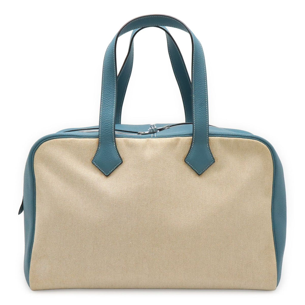Hermes Victoria 43 Boston Bag Travel Purse Toile Ash Taurillon Clemence Blue