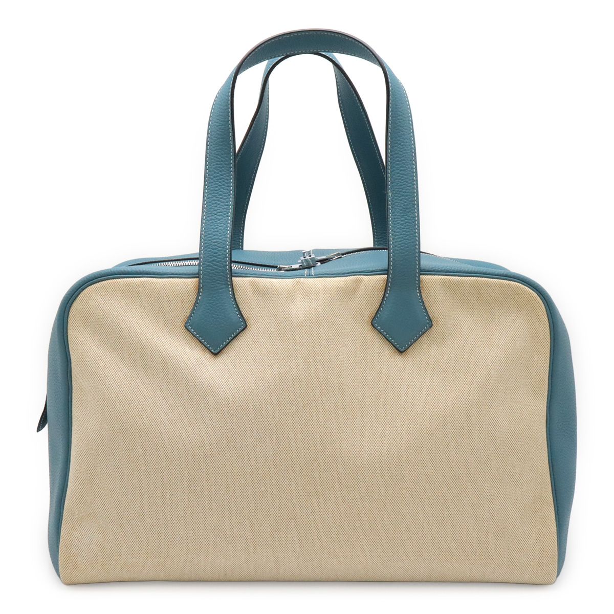 Hermes Victoria 43 Boston Bag Travel Purse Toile Ash Taurillon Clemence Blue