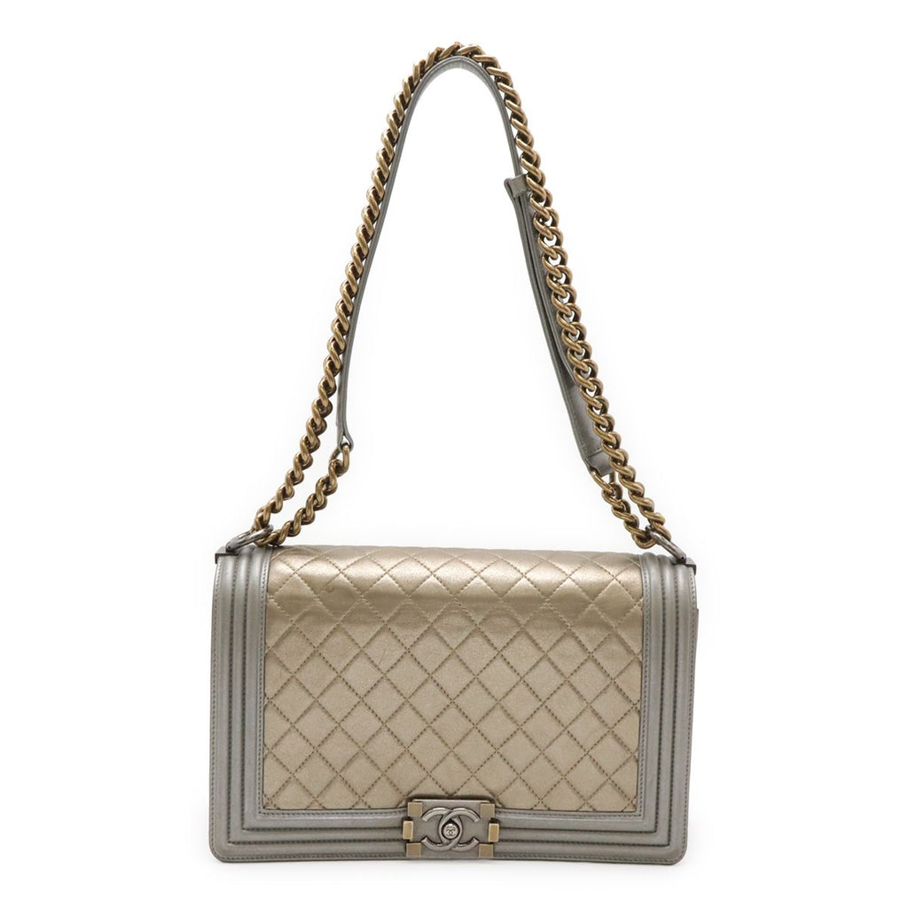 Chanel Boy 28 Quilted CC Logo Chain Shoulder Bag Calfskin Gold Gray