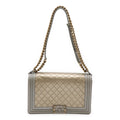 Chanel Boy 28 Quilted CC Logo Chain Shoulder Bag Calfskin Gold Gray