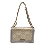 Chanel Boy 28 Quilted CC Logo Chain Shoulder Bag Calfskin Gold Gray