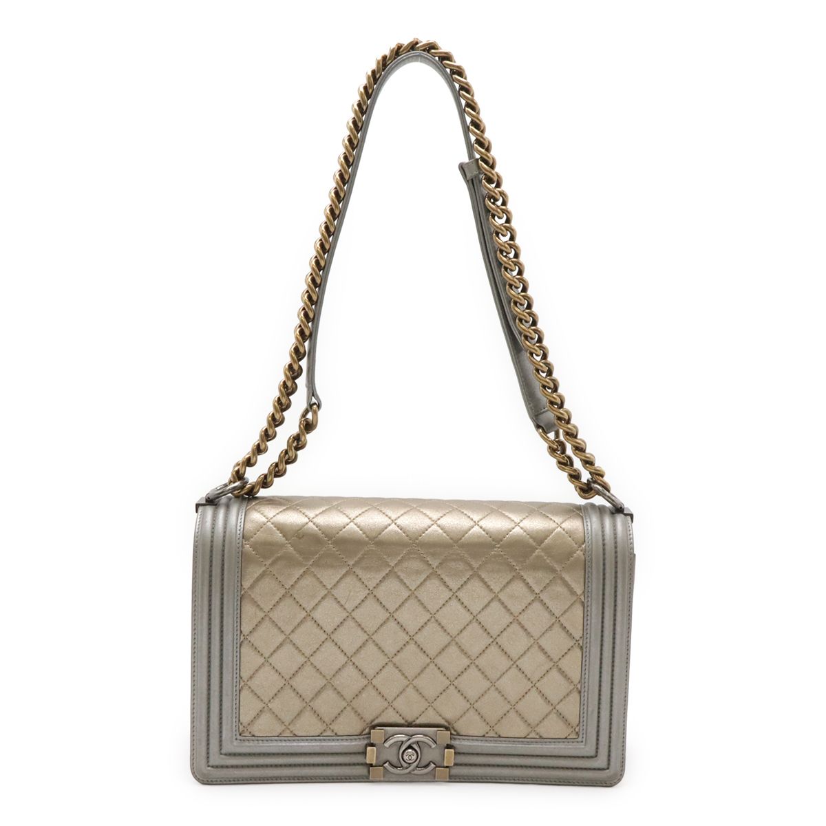 Chanel Boy 28 Quilted CC Logo Chain Shoulder Bag Calfskin Gold Gray