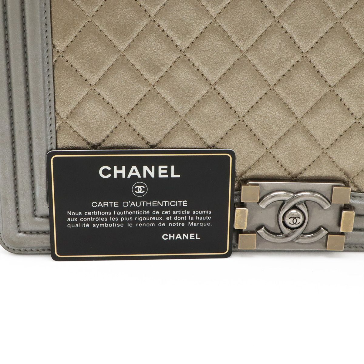 Chanel Boy 28 Quilted CC Logo Chain Shoulder Bag Calfskin Gold Gray — view 9