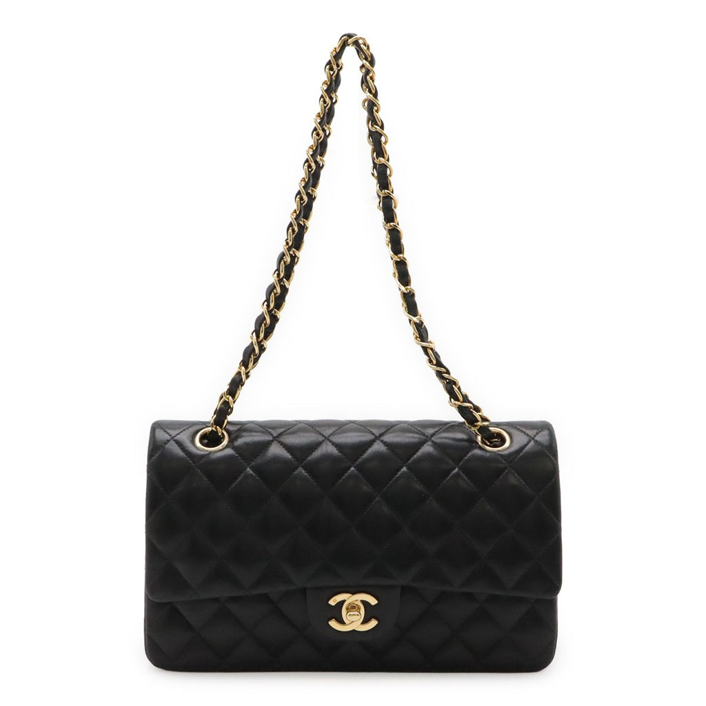 Chanel Quilted 25 CC Logo Chain Shoulder Bag Lambskin Black Gold