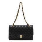 Chanel Quilted 25 CC Logo Chain Shoulder Bag Lambskin Black Gold