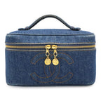 Chanel CC Logo Denim Vanity Handbag Makeup Pouch Blue Indigo Gold