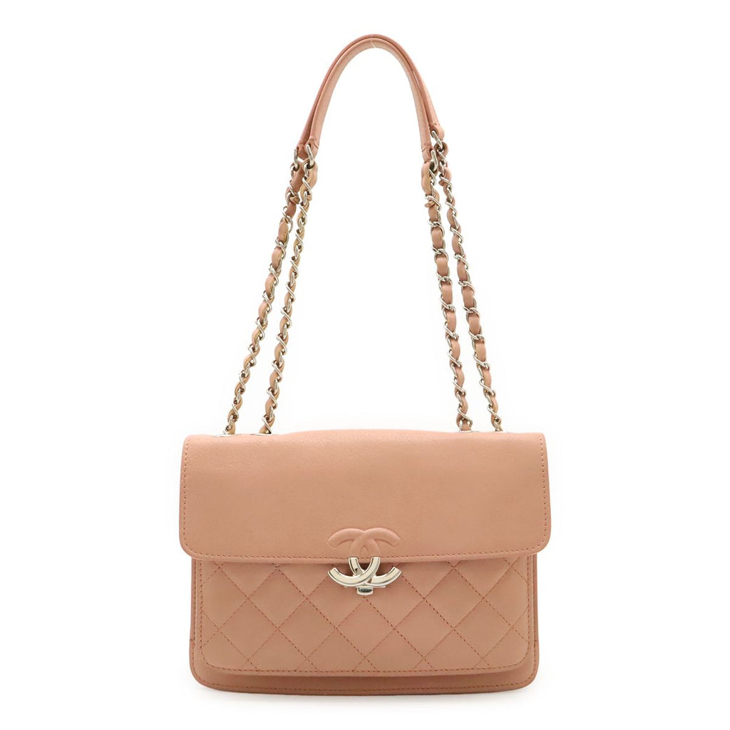 Chanel Half CC Logo Double Chain Shoulder Bag Leather Pink Silver
