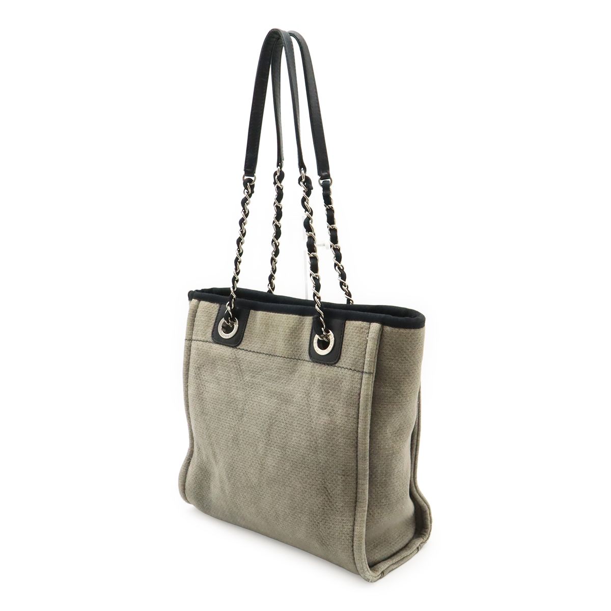 Chanel Deauville Tote Shoulder Bag Chain Canvas Leather Gray Black — view 2