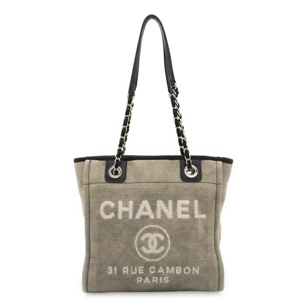 Chanel Deauville Tote Shoulder Bag Chain Canvas Leather Gray Black