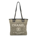 Chanel Deauville Tote Shoulder Bag Chain Canvas Leather Gray Black