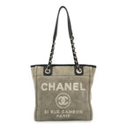 Chanel Deauville Tote Shoulder Bag Chain Canvas Leather Gray Black