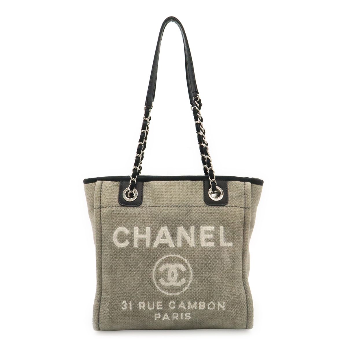Chanel Deauville Tote Shoulder Bag Chain Canvas Leather Gray Black