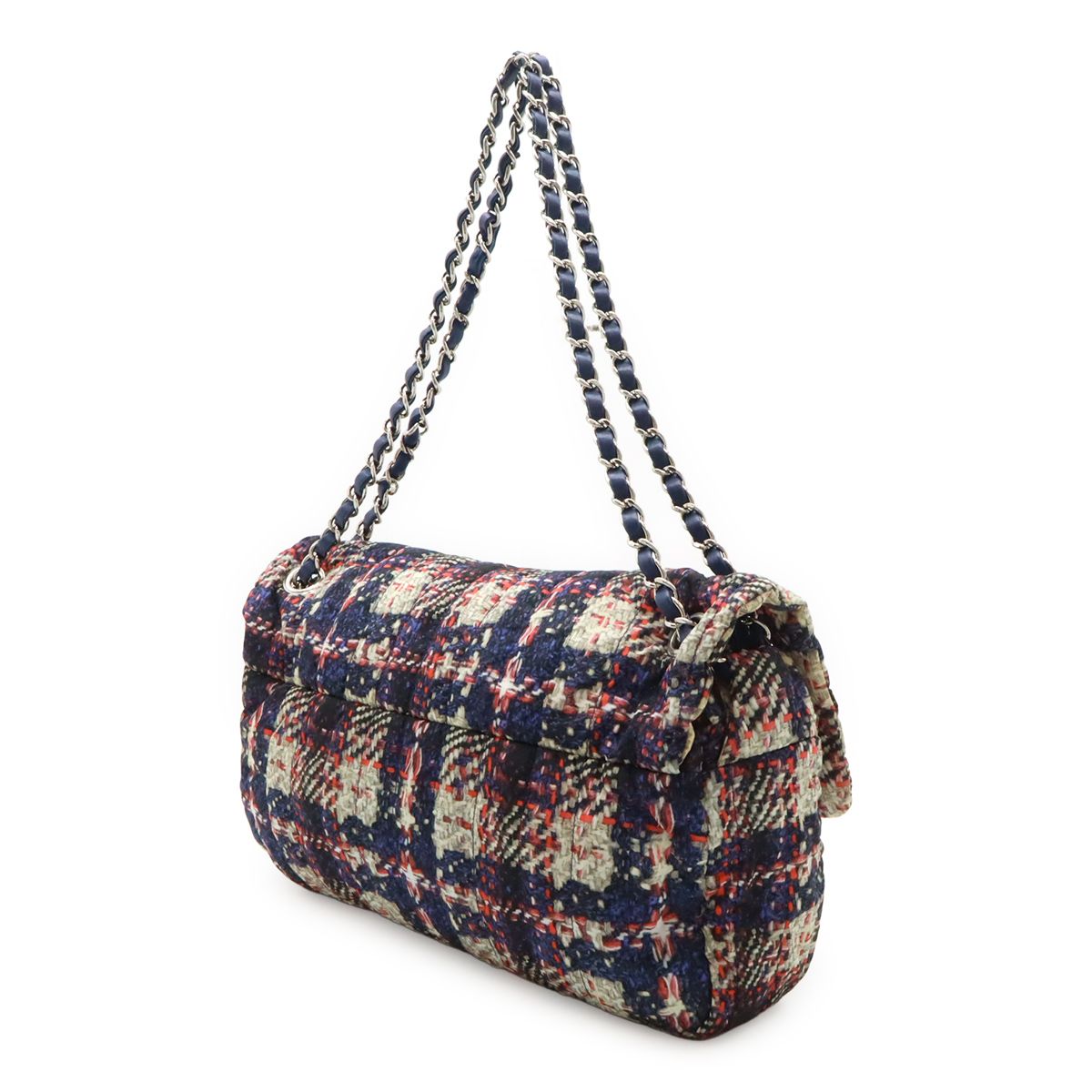 Chanel Tweed Print CC Logo Chain Shoulder Bag Nylon Navy Silver Pouch Out of — view 2