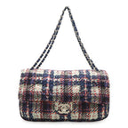 Chanel Tweed Print CC Logo Chain Shoulder Bag Nylon Navy Silver Pouch Out of