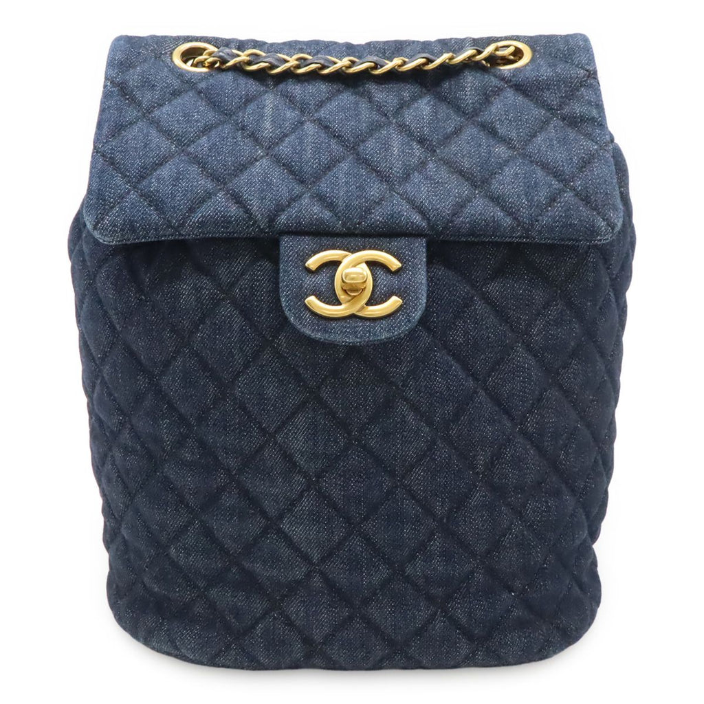 Chanel Quilted CC Logo Chain Shoulder Backpack Denim Leather Navy Gold