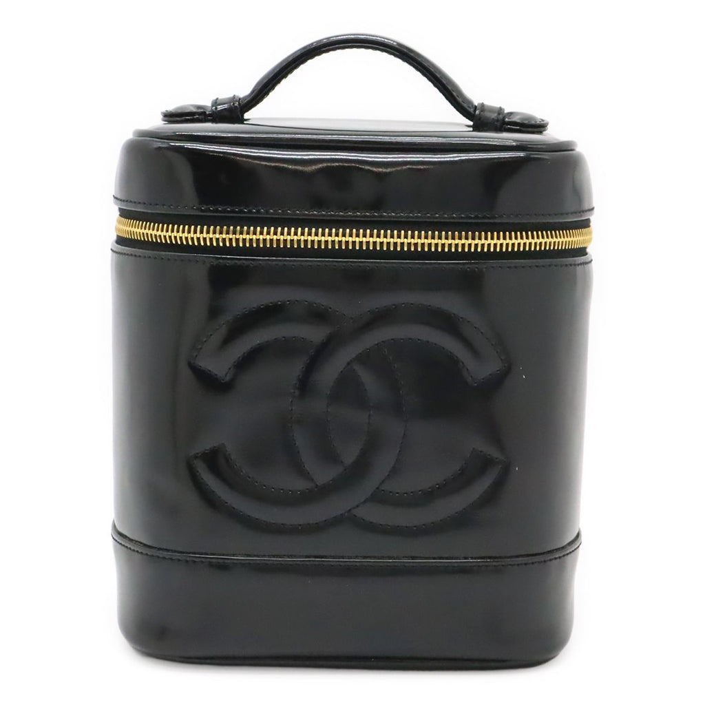 Chanel CC Logo Vanity Handbag Makeup Pouch Cosmetic Enamel Patent Leather Black