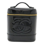 Chanel CC Logo Vanity Handbag Makeup Pouch Cosmetic Enamel Patent Leather Black