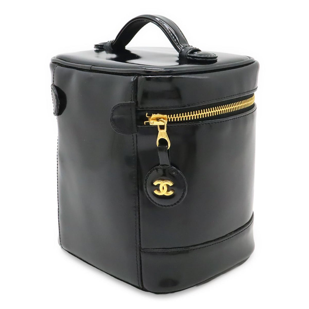 Chanel CC Logo Vanity Handbag Makeup Pouch Cosmetic Enamel Patent Leather Black — view 2