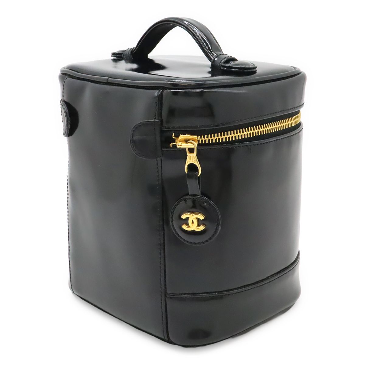 Chanel CC Logo Vanity Handbag Makeup Pouch Cosmetic Enamel Patent Leather Black — view 2