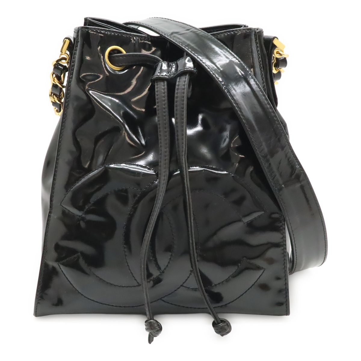 Chanel CC Logo Chain Shoulder Bag Drawstring Enamel Patent Leather Black Gold