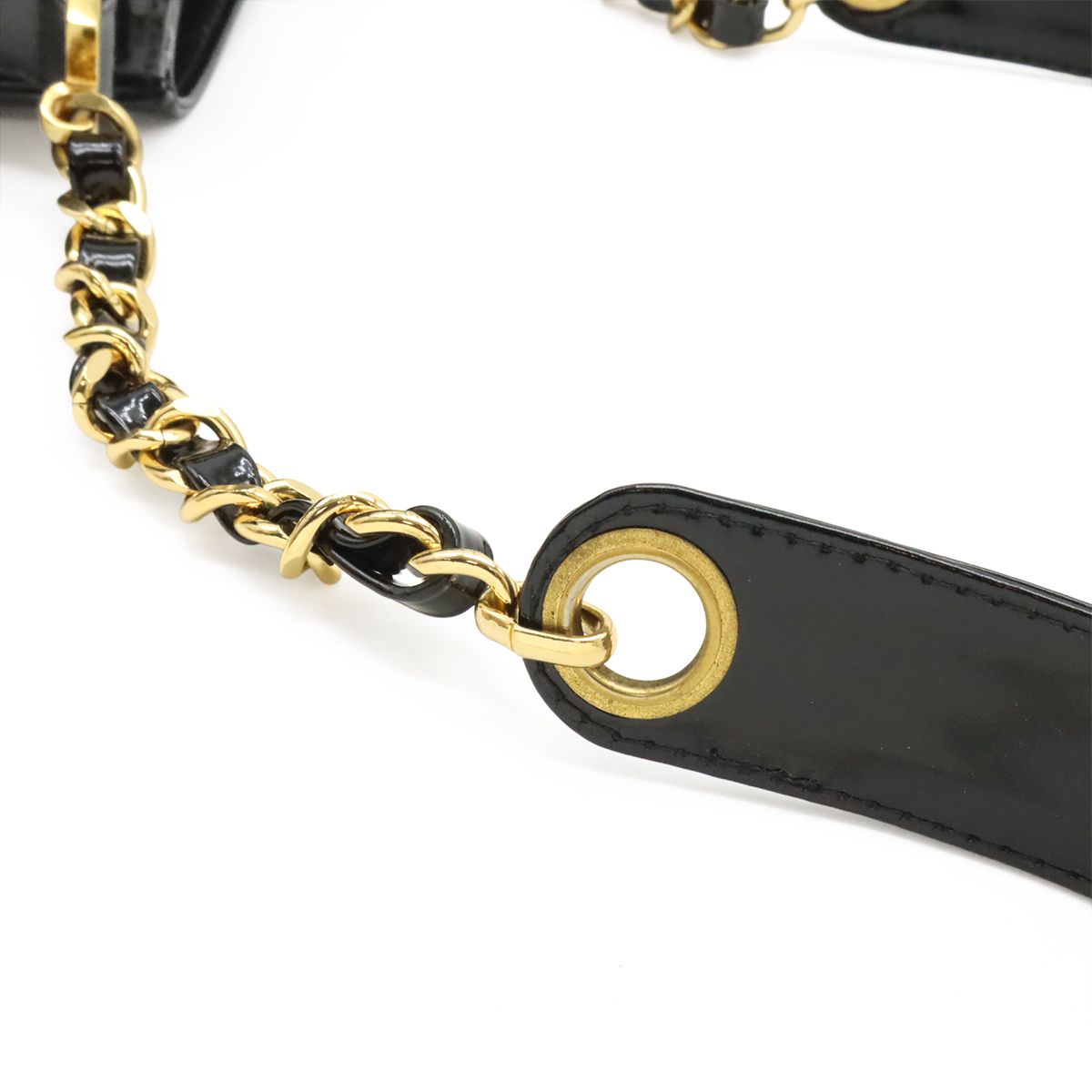 Chanel CC Logo Chain Shoulder Bag Drawstring Enamel Patent Leather Black Gold — view 5