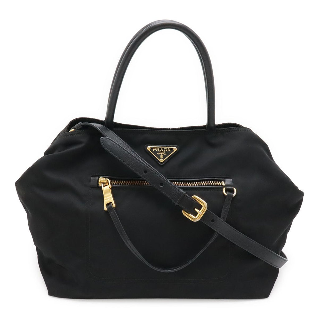 Prada Tote 2-Way Shoulder Bag Crossbody Nylon Leather Nero Black Gold