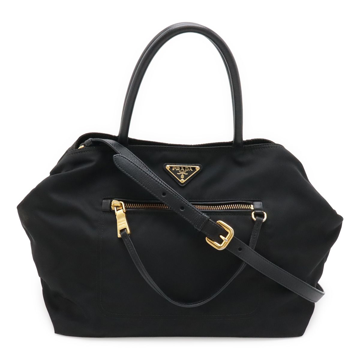 Prada Tote 2-Way Shoulder Bag Crossbody Nylon Leather Nero Black Gold