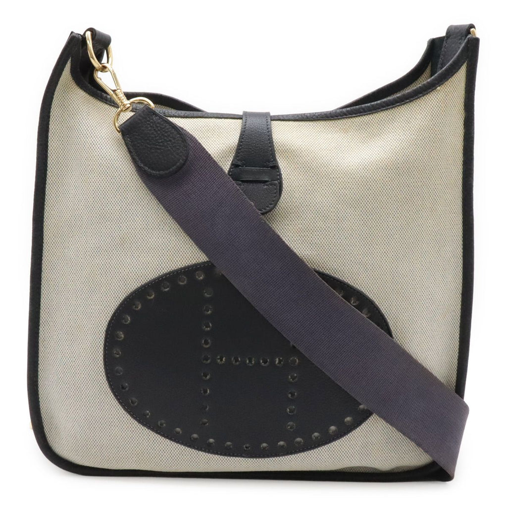 Hermes Evelyne I 1 PM Shoulder Bag Toile Ash Canvas Natural Navy Silver