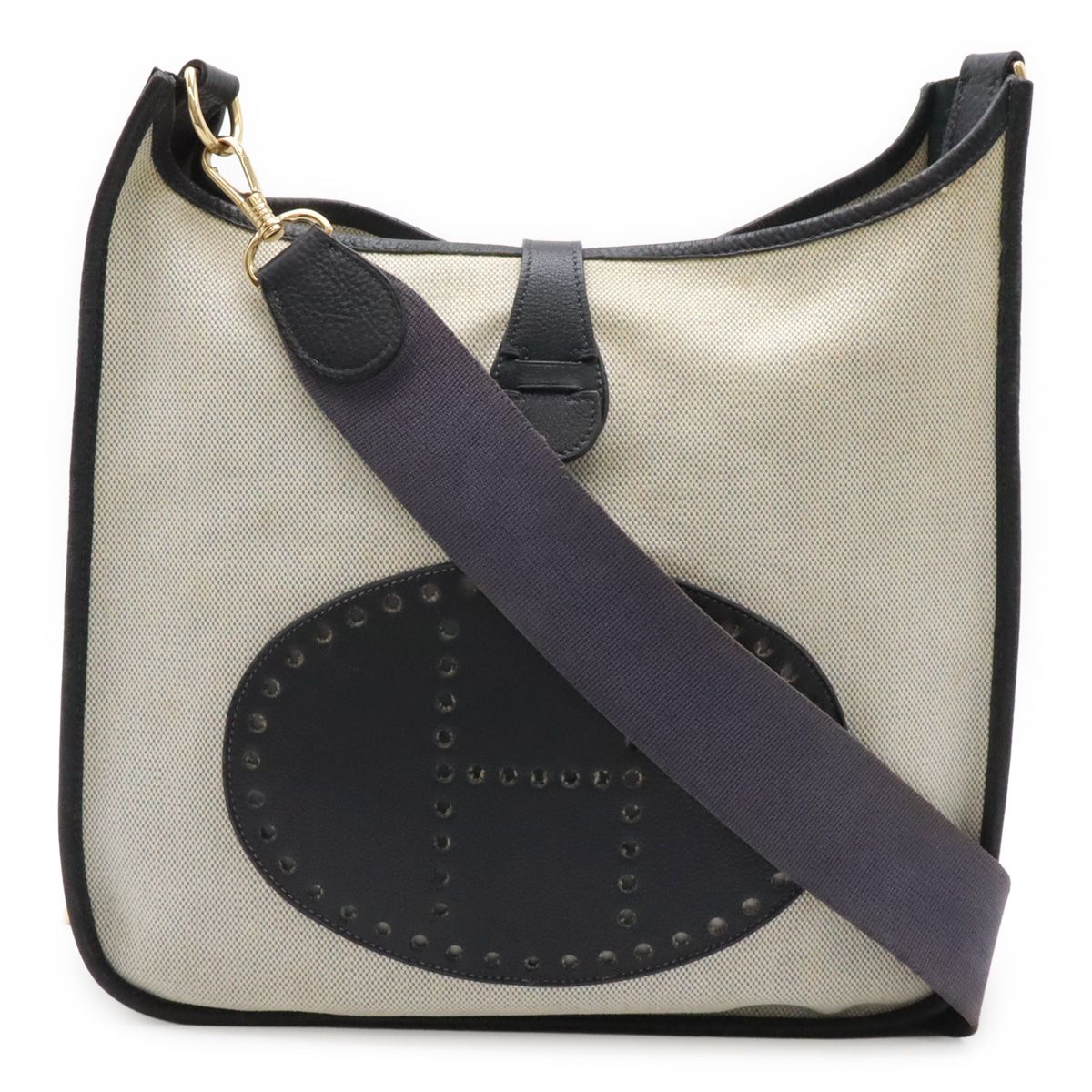 Hermes Evelyne I 1 PM Shoulder Bag Toile Ash Canvas Natural Navy Silver