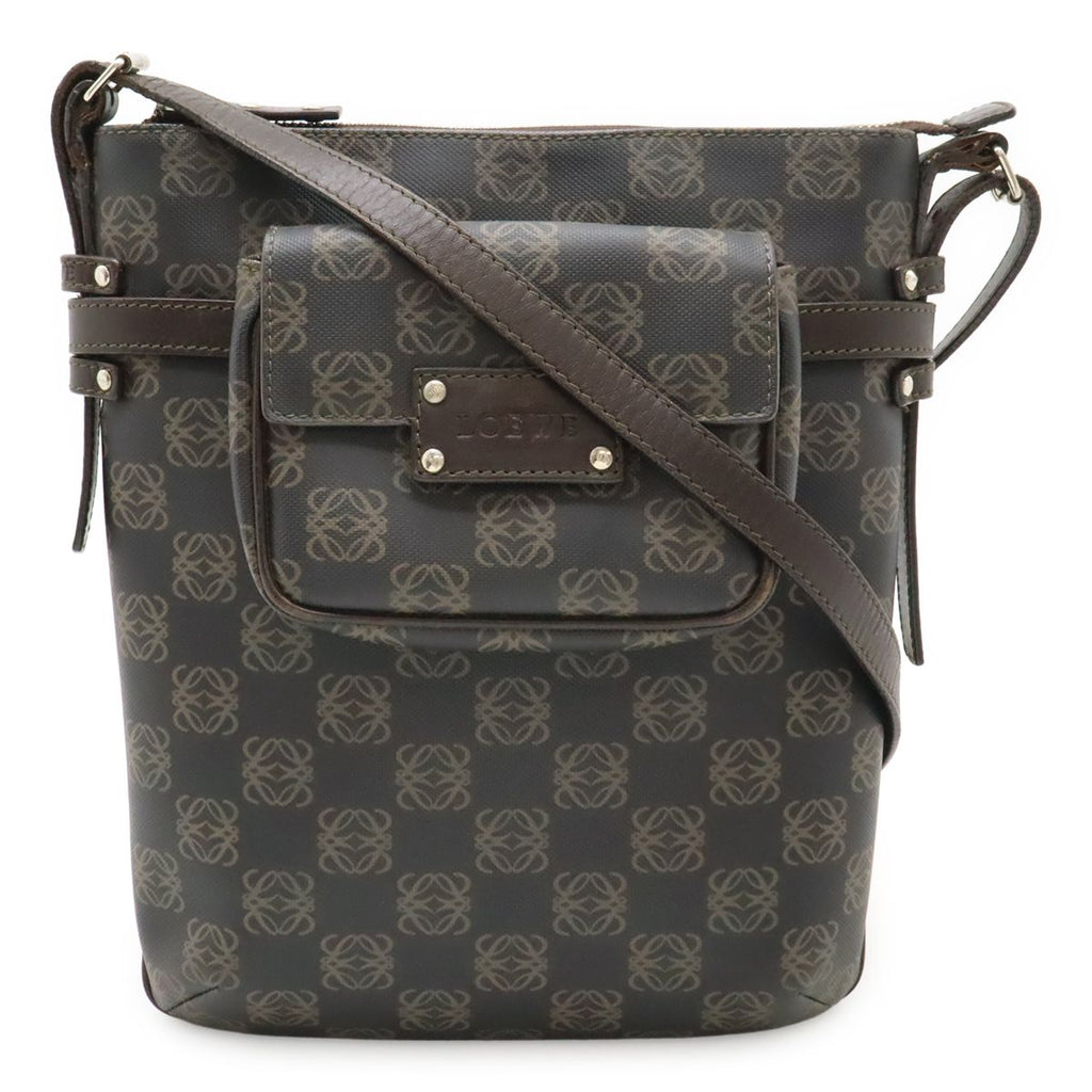 Loewe Repeat Anagram Shoulder Bag Crossbody Leather Black Dark Brown Silver