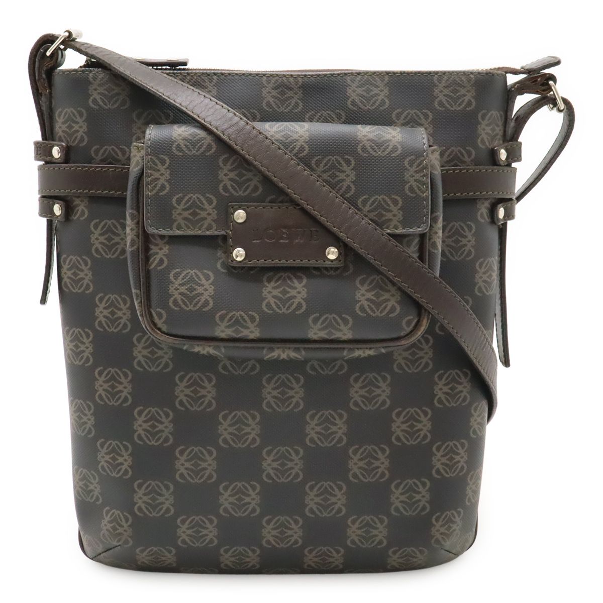 Loewe Repeat Anagram Shoulder Bag Crossbody Leather Black Dark Brown Silver