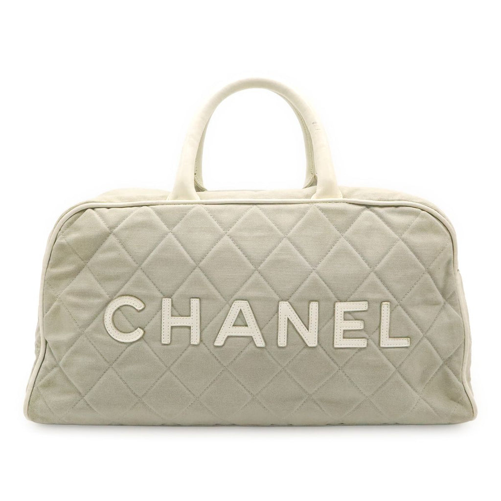 Chanel Sports Line Quilted Logo Mini Boston Bag Canvas Leather Light Gray White