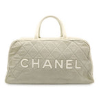 Chanel Sports Line Quilted Logo Mini Boston Bag Canvas Leather Light Gray White