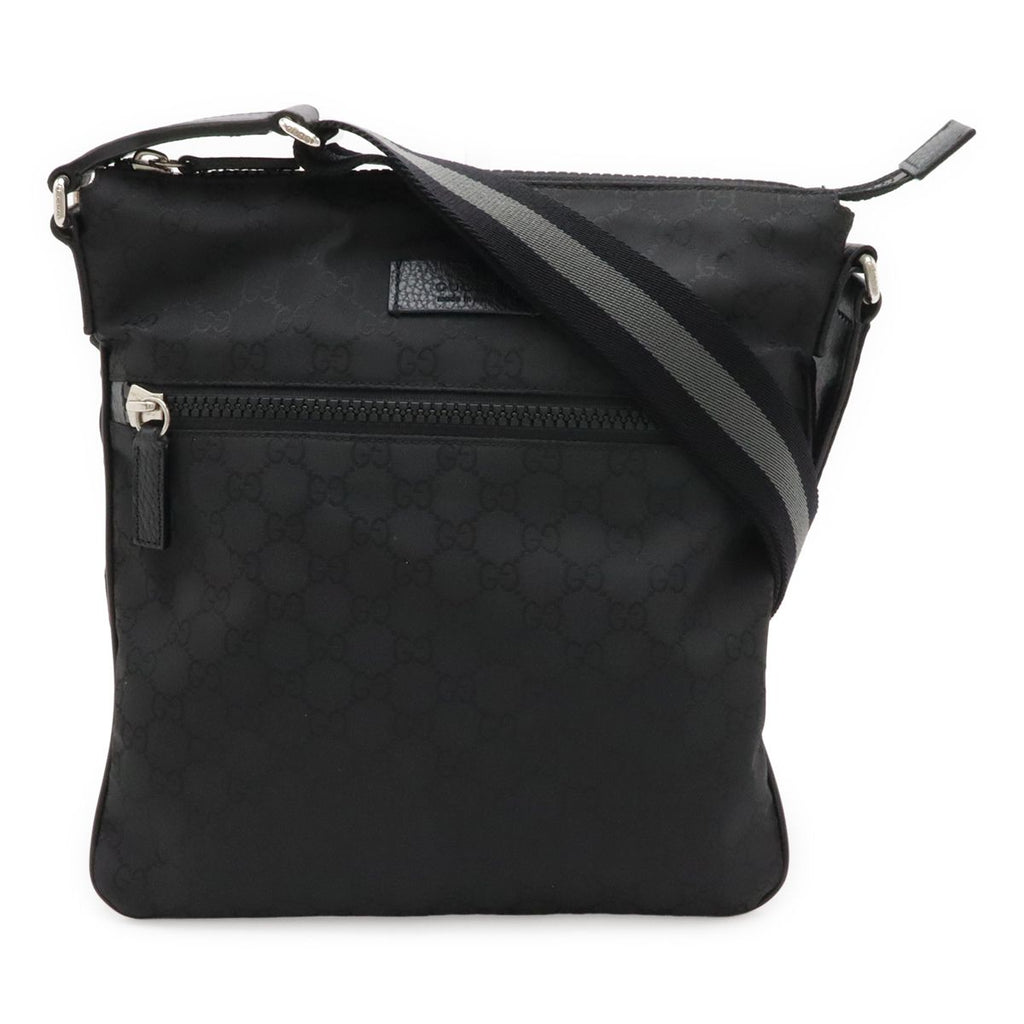 Gucci GG Nylon Shoulder Bag Crossbody Leather Black Gray Silver