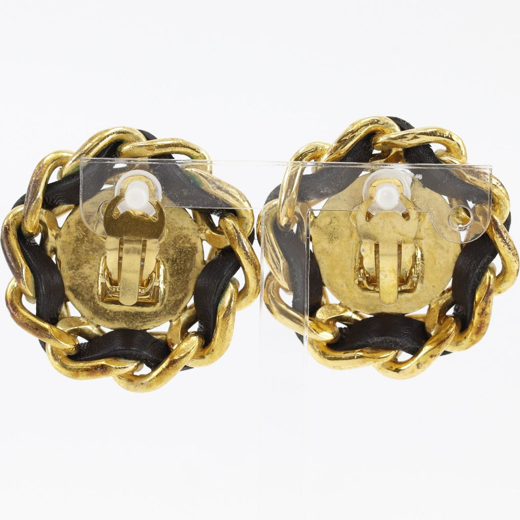 Chanel CC Logo Vintage Gold Plated Leather Earrings — view 3